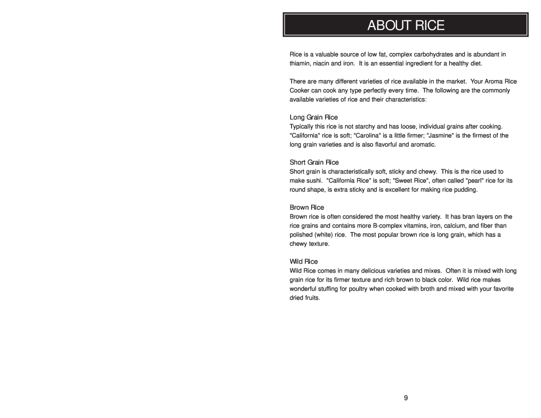 Aroma apc 728g, ARC728G instruction manual About Rice, Long Grain Rice, Short Grain Rice, Brown Rice, Wild Rice 