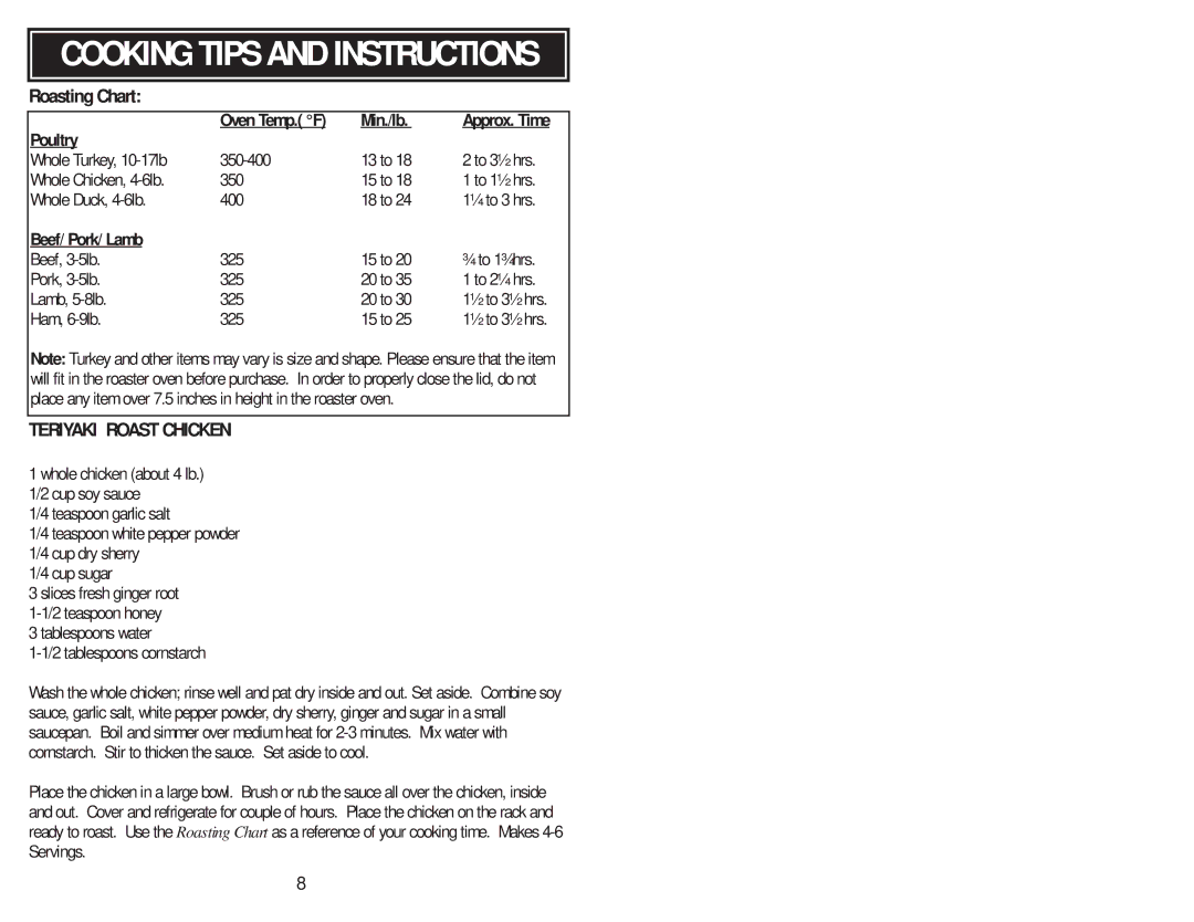 Aroma ART-818 E/E instruction manual Roasting Chart, Teriyaki Roast Chicken 