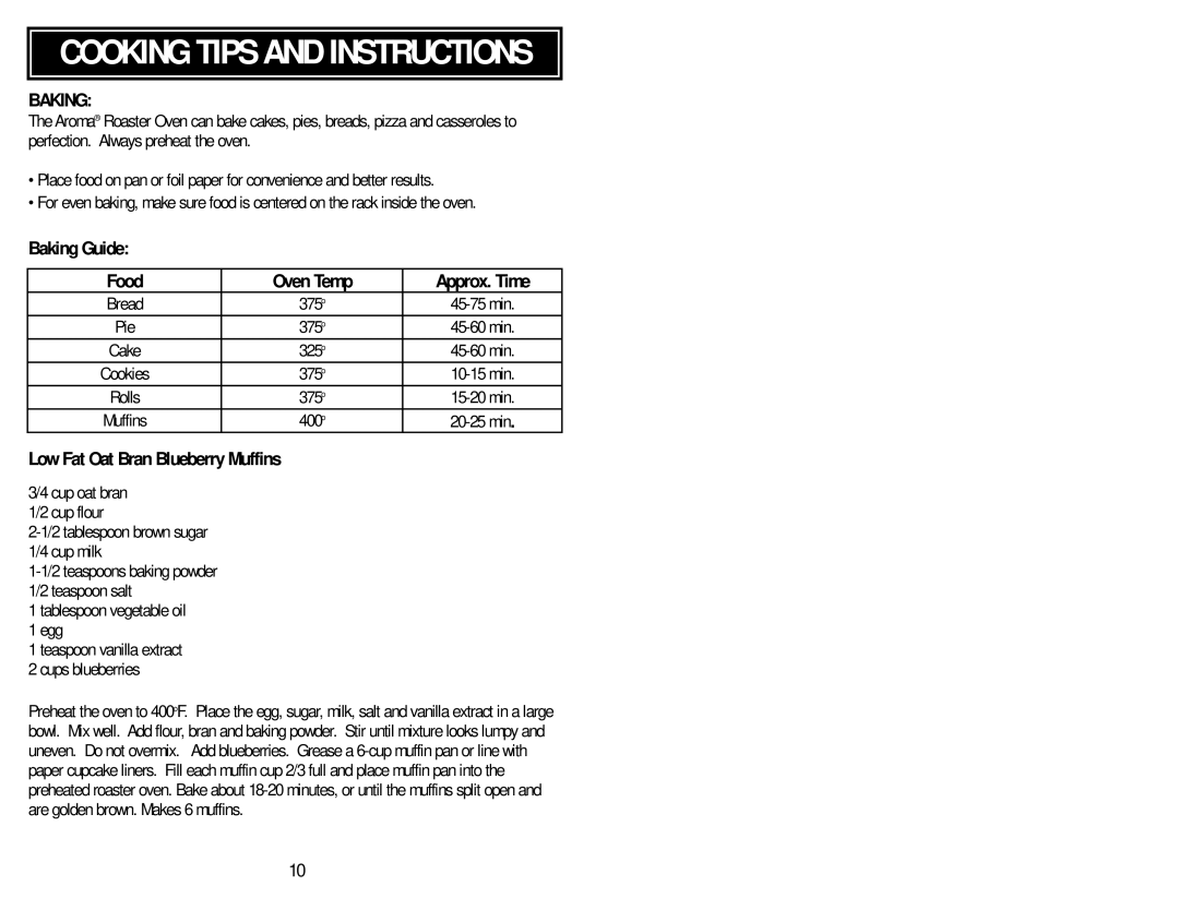 Aroma ART-818 E/E instruction manual Baking Guide Food Oven Temp Approx. Time, Low Fat Oat Bran Blueberry Muffins 