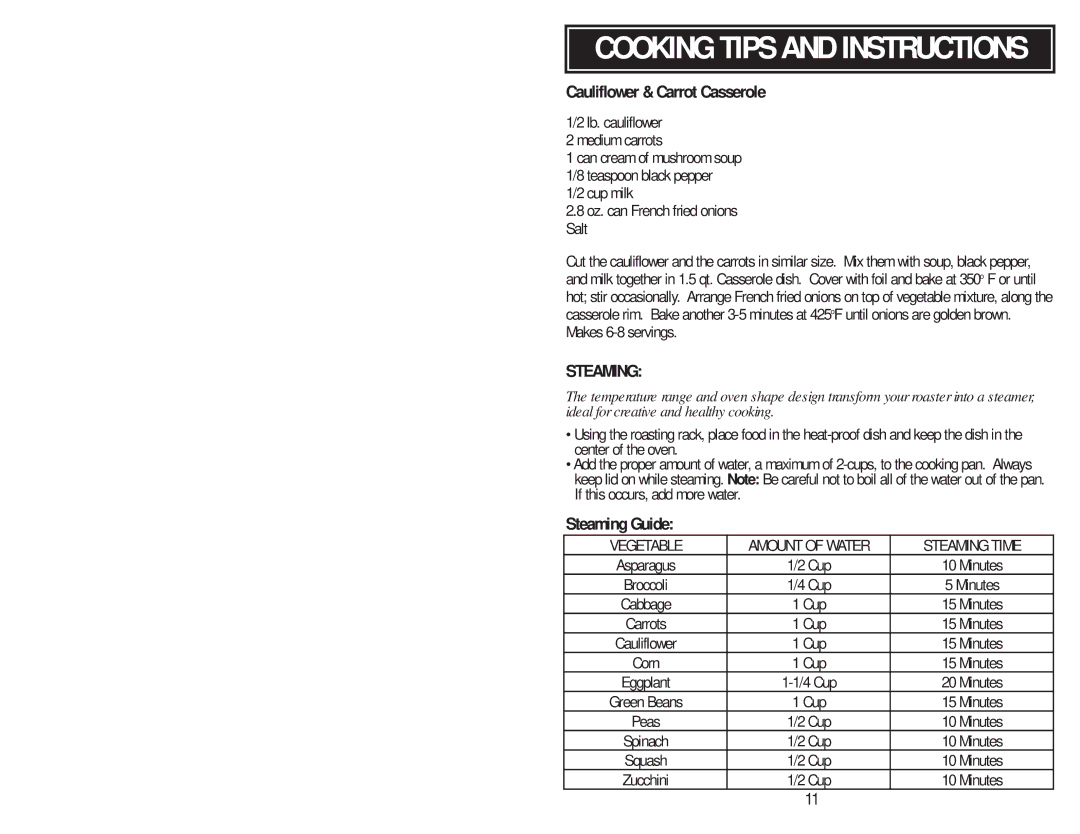 Aroma ART-818 E/E instruction manual Cauliflower & Carrot Casserole 1/2 lb. cauliflower, Steaming 