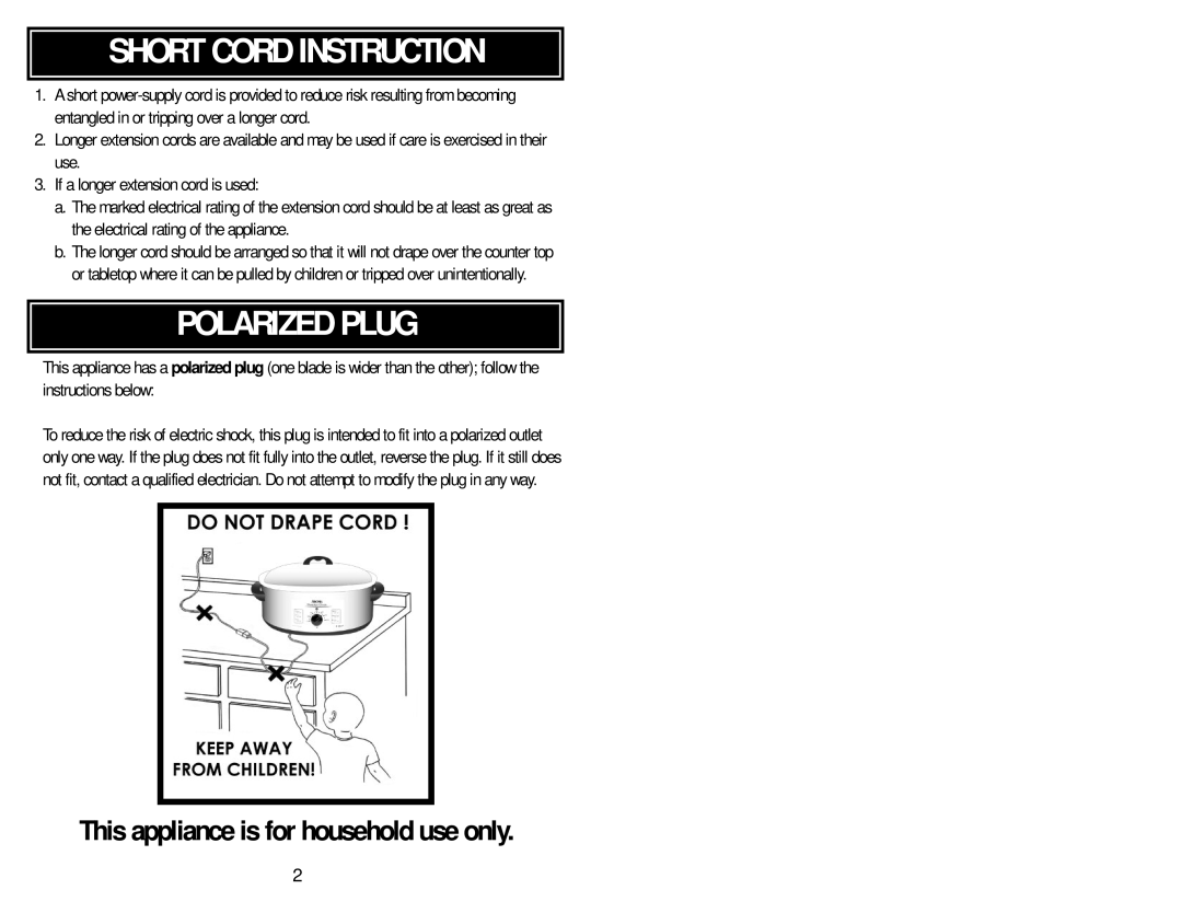 Aroma ART-818 E/E instruction manual Short Cord Instruction, Polarized Plug 