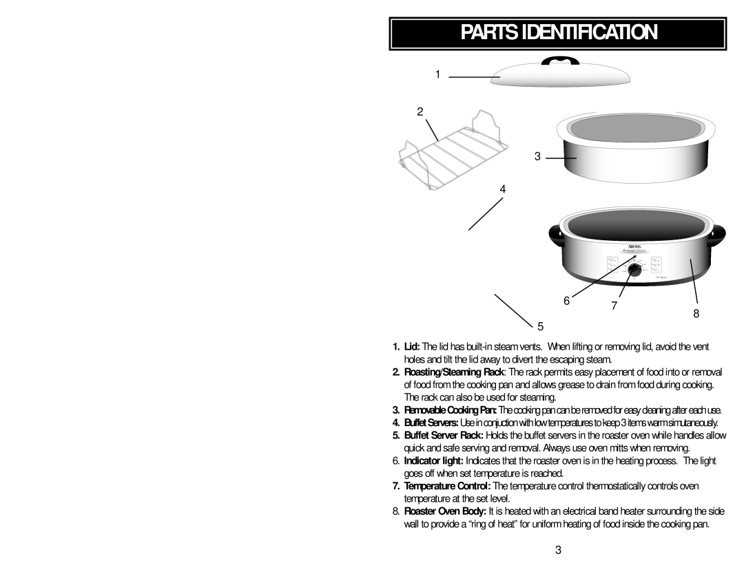 Aroma ART-818 E/E instruction manual Parts Identification, Rack can also be used for steaming 