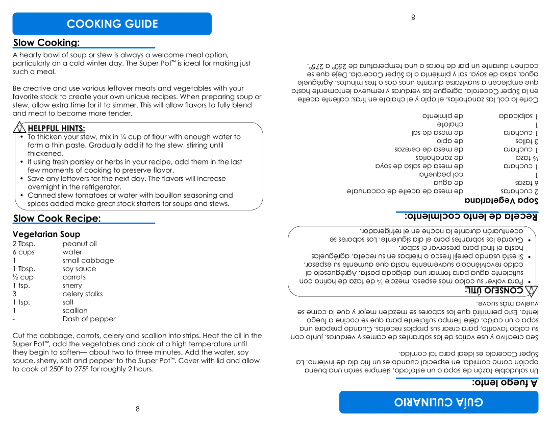 Aroma ASP-137/ASP-137B instruction manual Slow Cooking, Slow Cook Recipe, Rece, Helpful Hints, Il Ú T 