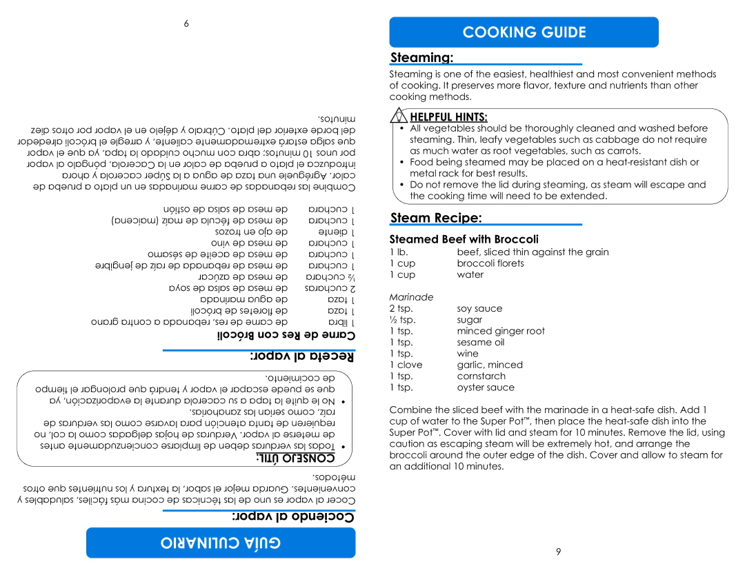 Aroma ASP-137/ASP-137B instruction manual Steaming, Steam Recipe, Rece at, Steamed Beef with Broccoli, Carne 