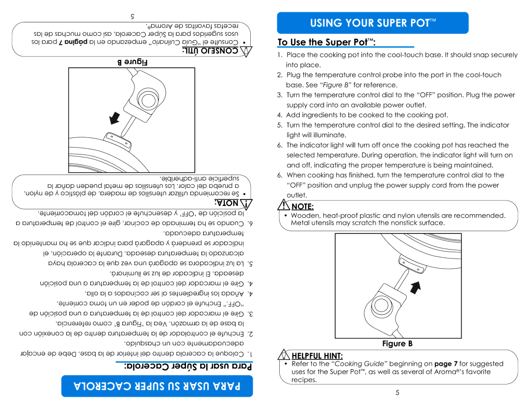 Aroma ASP-137/ASP-137B SA R PA R Using Your Super POT, Sa Parar, To Use the Super Pot, Con Sej, Helpful Hint 