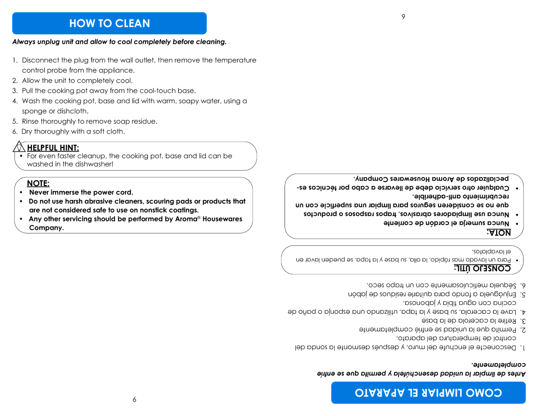 Aroma ASP-137/ASP-137B instruction manual HOW to Clean, LMI PAI Rcom, Il Ú T Ejo Con S 