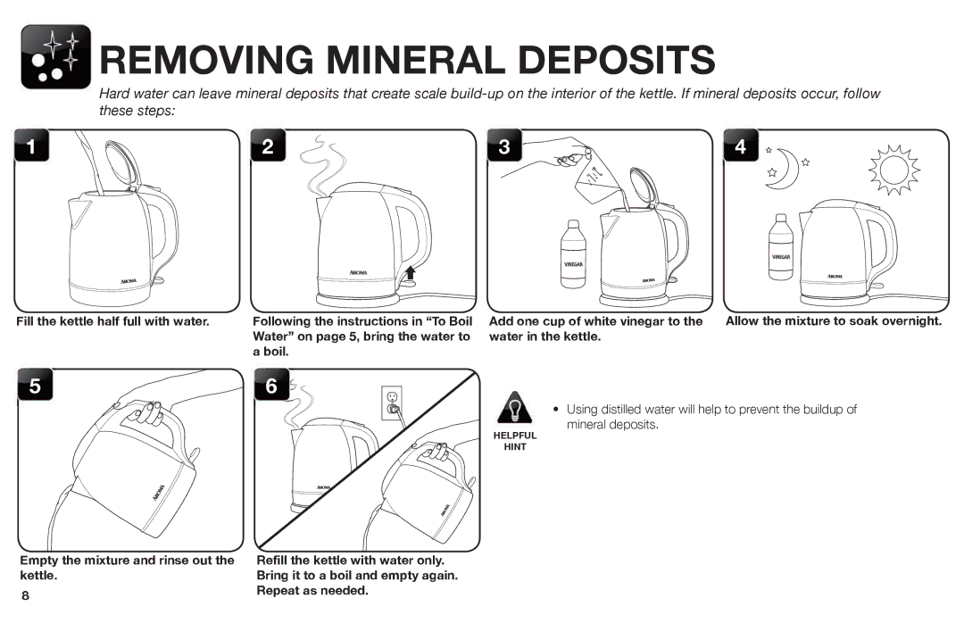 Aroma AWK-1000 instruction manual Removing Mineral Deposits, Water in the kettle 