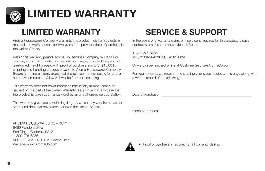 Aroma AWK-1000 instruction manual Limited Warranty 