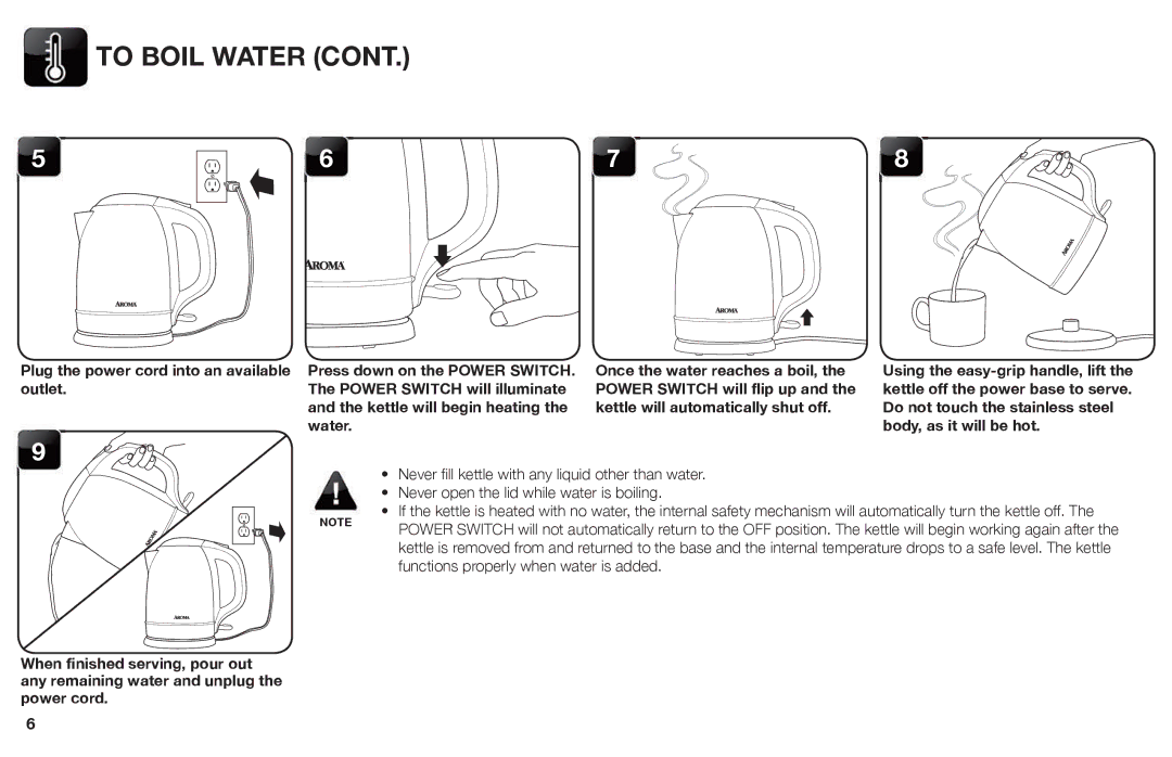 Aroma AWK-1000 instruction manual Power Switch will illuminate Power Switch will flip up, Water Body, as it will be hot 