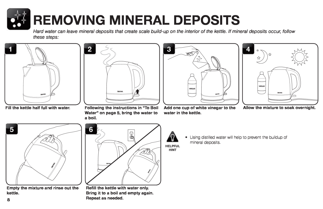 Aroma AWK-1000 Removing Mineral Deposits, Fill the kettle half full with water, Add one cup of white vinegar to the 