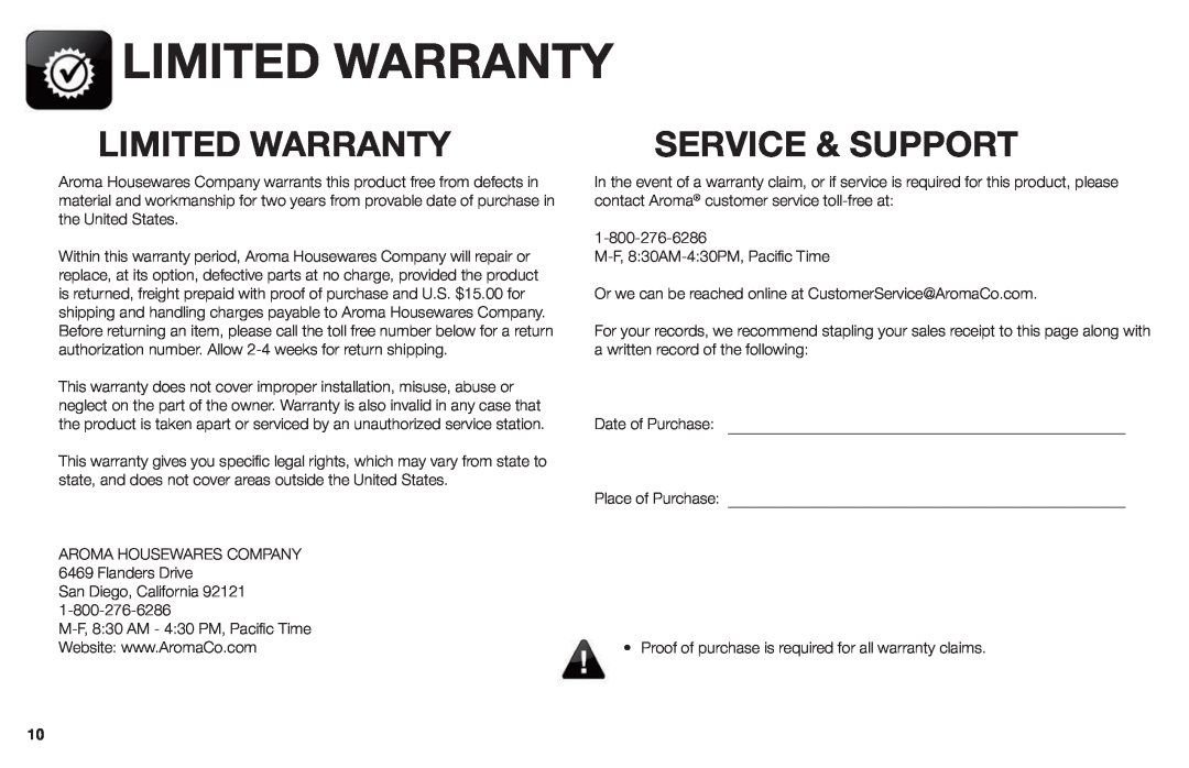 Aroma AWK-1000 instruction manual Limited Warranty, Service & Support 