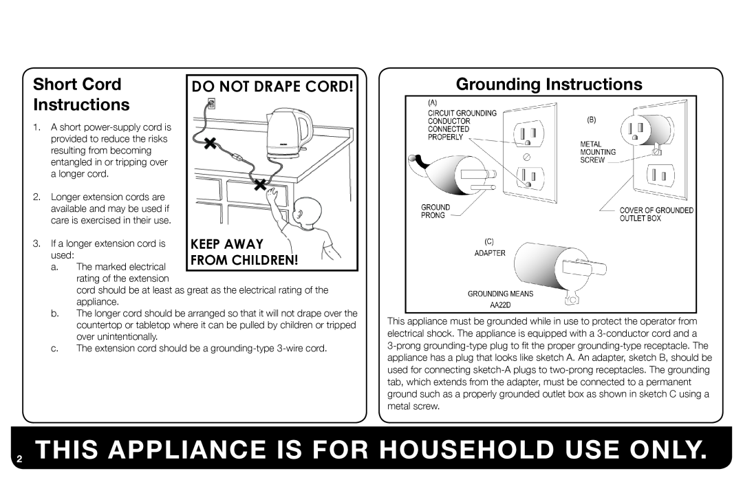 Aroma AWK-1000 instruction manual This Appliance Is For Household Use Only, Short Cord Instructions, Grounding Instructions 