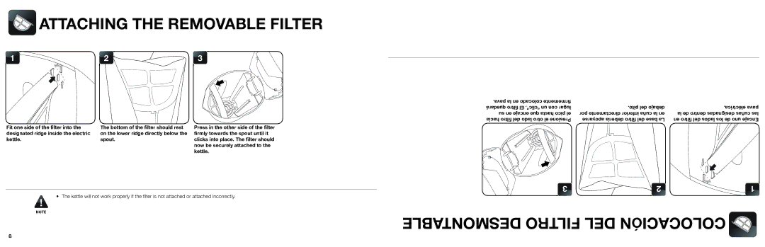 Aroma AWK-108 instruction manual Attaching the Removable Filter, Hacia ltro del lado otro el Presione, Del base La 