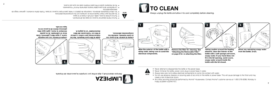 Aroma AWK-108 instruction manual To Clean, Rinse any remaining soapy water from the kettle. Drain 