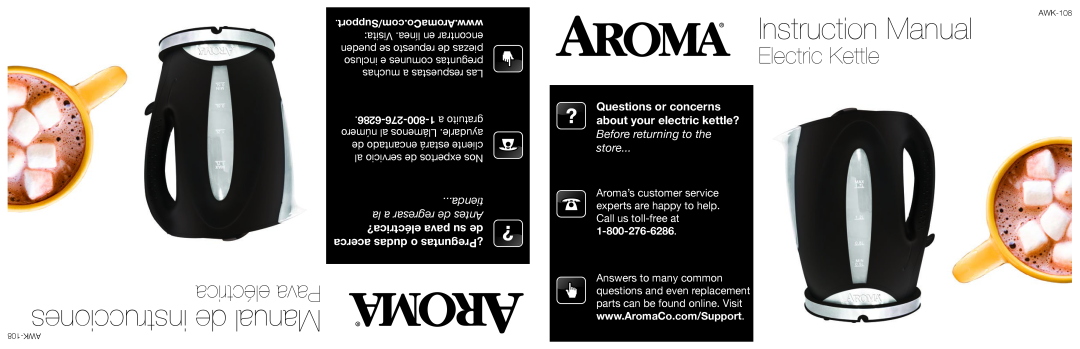 Aroma AWK-108 instruction manual Questions or concerns, about, your electric kettle?, Electric Kettle 
