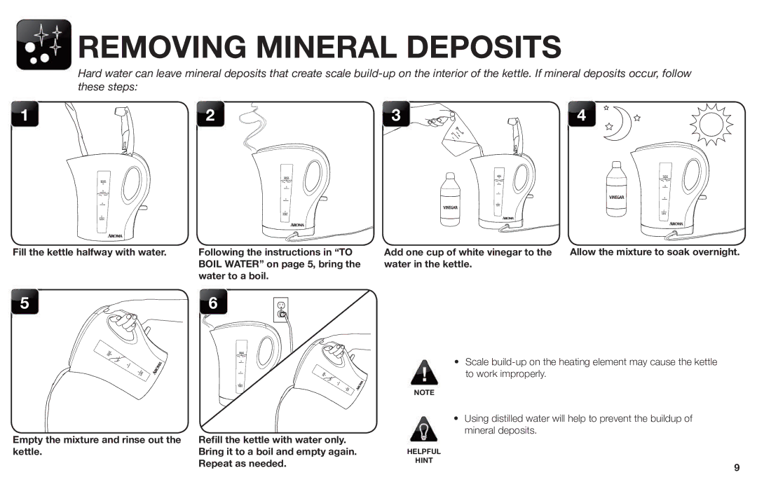 Aroma AWK-109/ AWK-109B Removing Mineral Deposits, Fill the kettle halfway with water, Add one cup of white vinegar to 