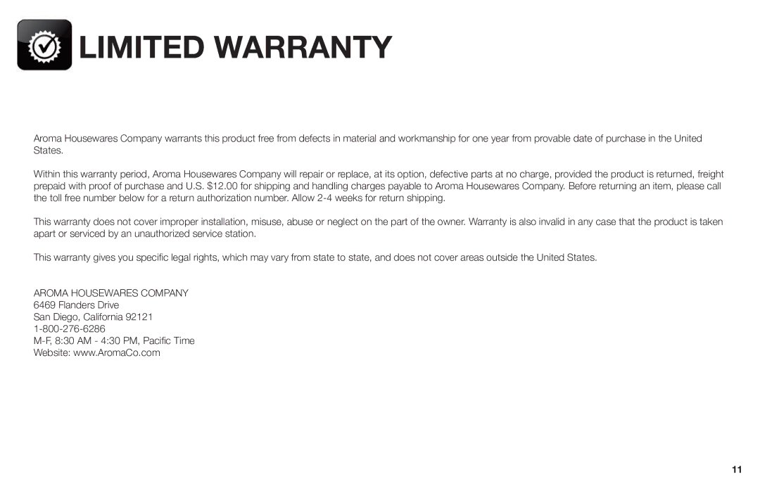 Aroma AWK-109/ AWK-109B instruction manual Limited Warranty 