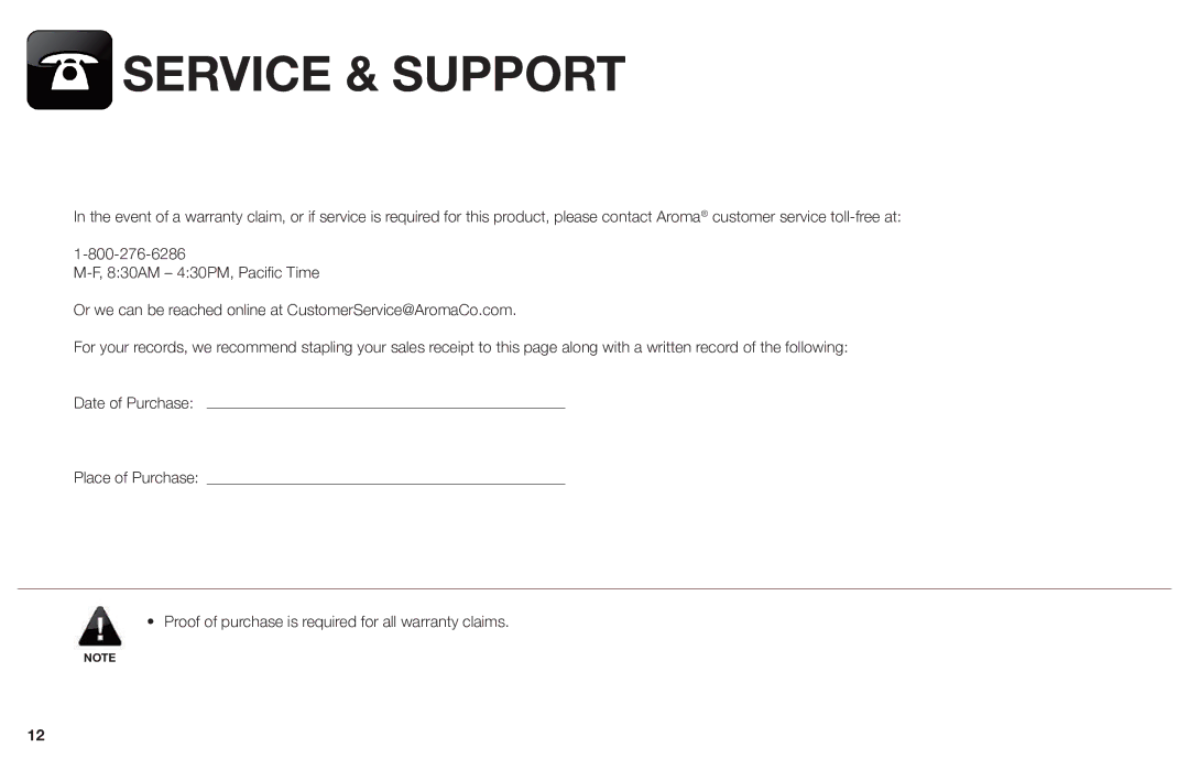 Aroma AWK-109/ AWK-109B instruction manual Service & Support 