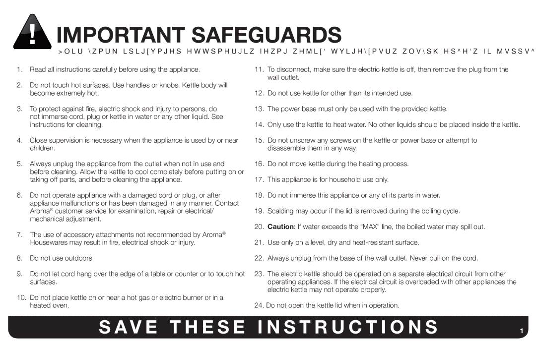 Aroma AWK-109/ AWK-109B instruction manual Important Safeguards 