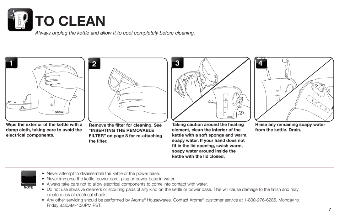 Aroma AWK-109/ AWK-109B instruction manual To Clean, Rinse any remaining soapy water from the kettle. Drain 