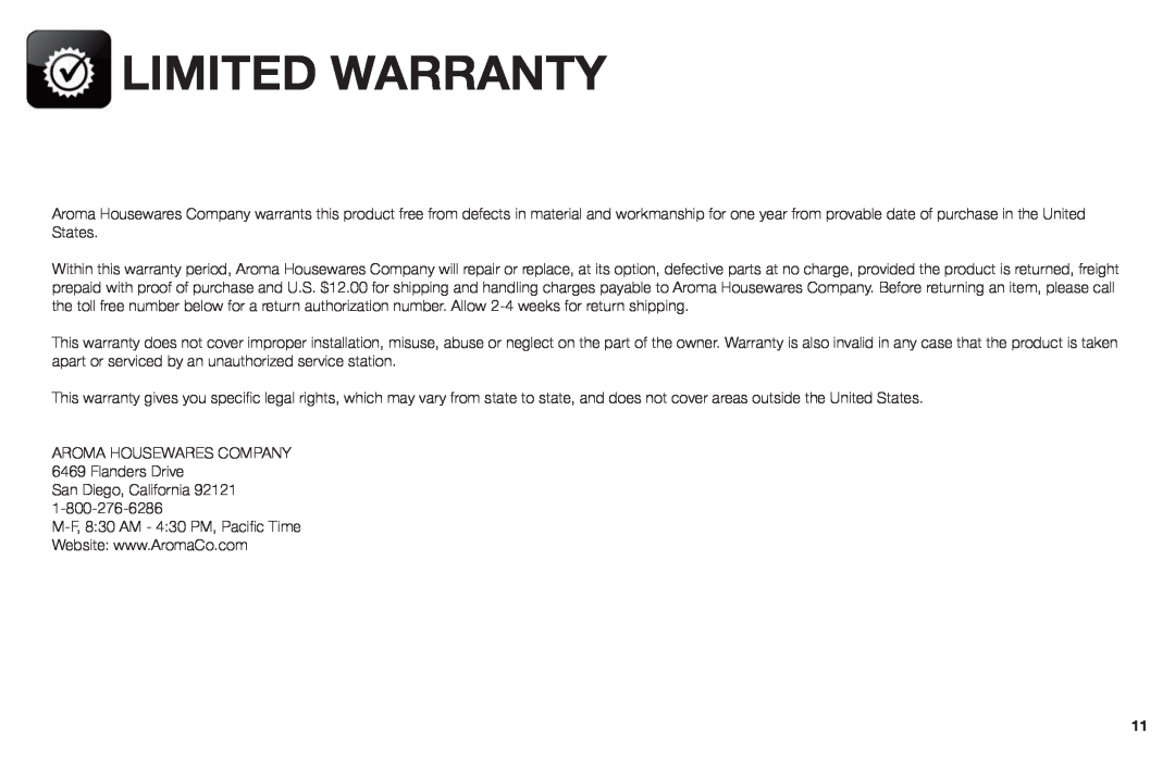 Aroma AWK-109/ AWK-109B instruction manual Limited Warranty 
