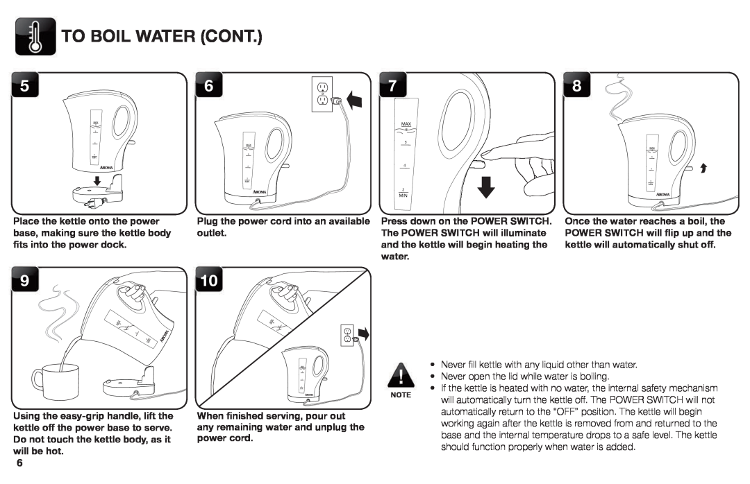 Aroma AWK-109/ AWK-109B instruction manual To Boil Water Cont 