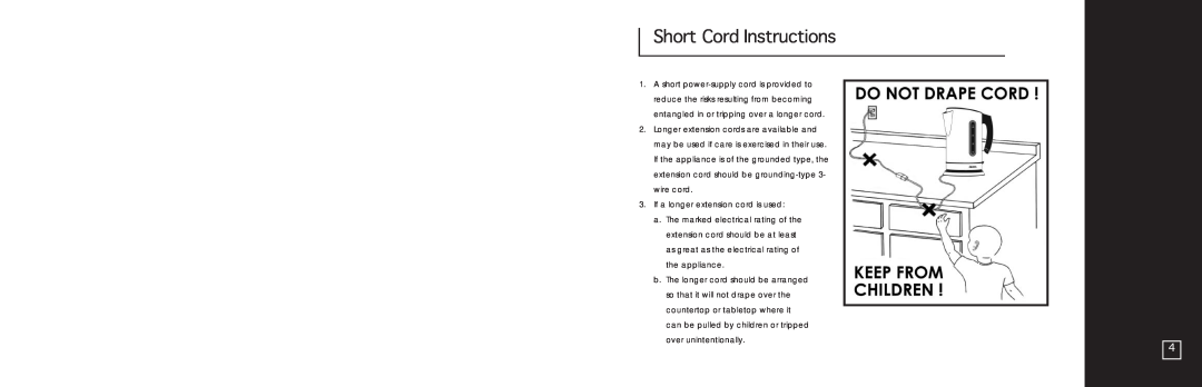 Aroma AWK-118SB instruction manual Short Cord Instructions 