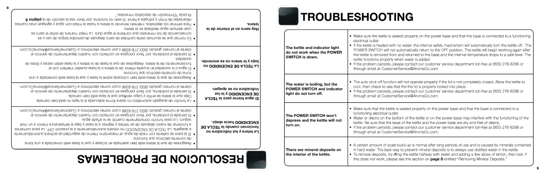 Aroma AWK-125R, AWK-125S, AWK-125W Problemas DE Resolucion, Troubleshooting, Tetera la en destilada agua siempre usar 
