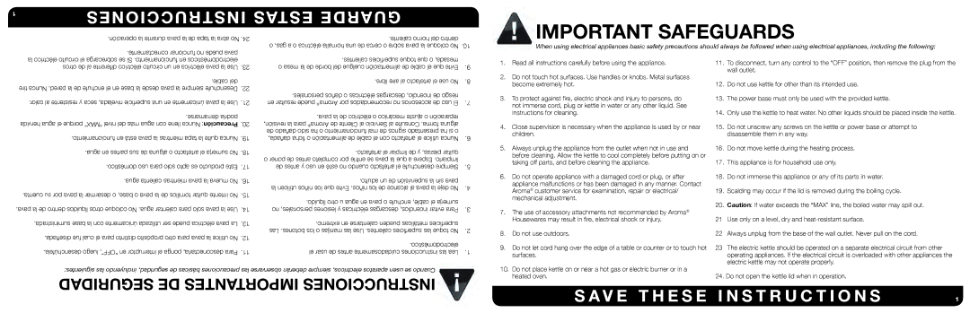 Aroma AWK-125R, AWK-125S, AWK-125W, AWK-125B instruction manual Important Safeguards 