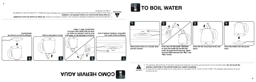 Aroma AWK-125R, AWK-125S, AWK-125W, AWK-125B instruction manual To Boil Water, Agua Hervir Cómo 