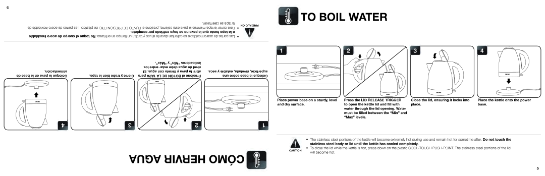 Aroma AWK-125R, AWK-125S, AWK-125W, AWK-125B instruction manual To Boil Water, Agua Hervir Cómo 