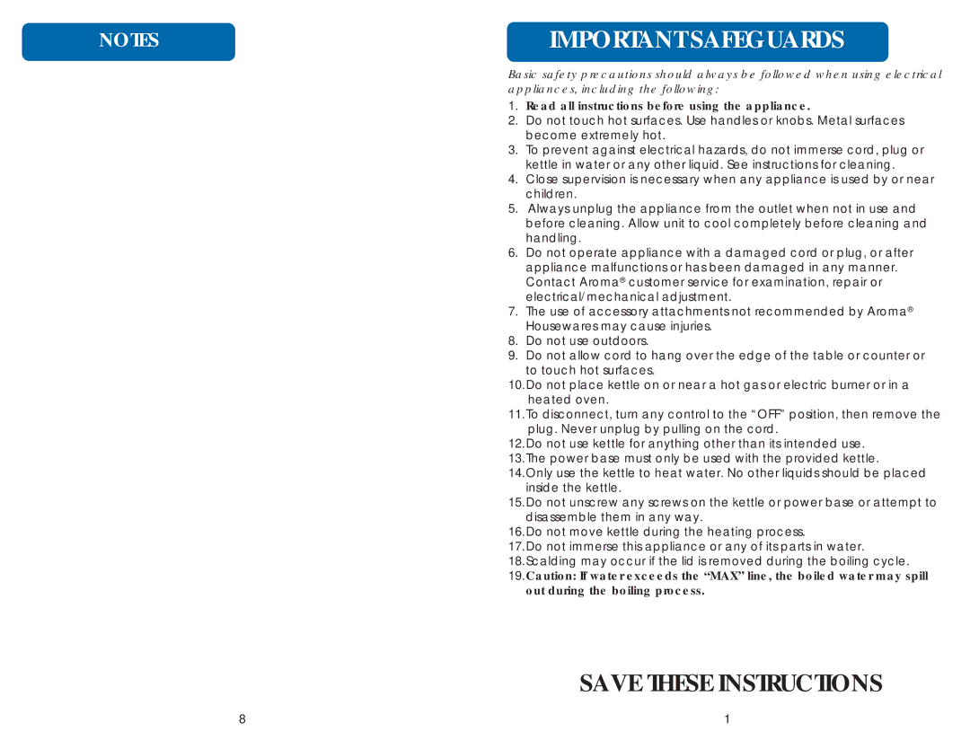 Aroma AWK-208P, AWK-208BR instruction manual Important Safeguards, Read all instructions before using the appliance 