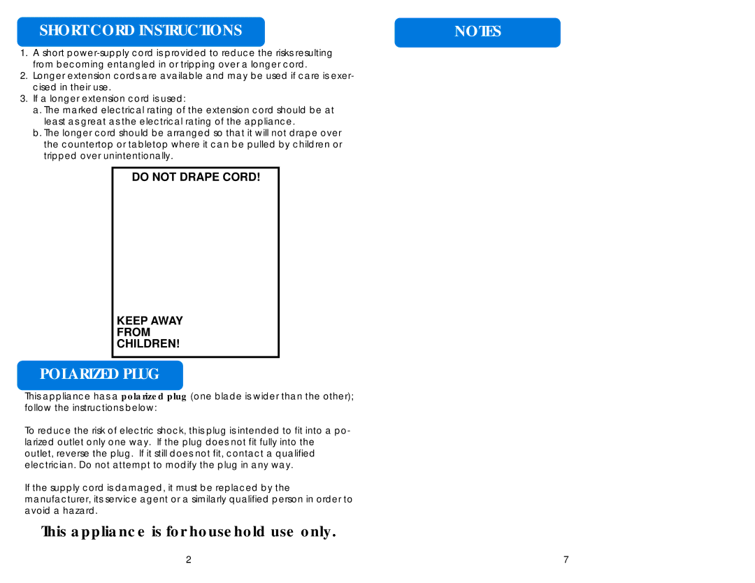 Aroma AWK-208BR, AWK-208P instruction manual Short Cord Instructions, Polarized Plug 