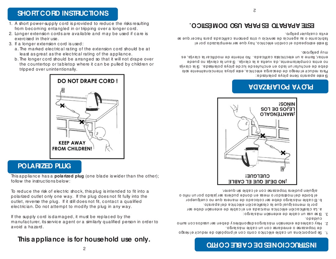 Aroma AWK-270BL instruction manual Short Cord Instructions, Polarized Plug, Corto Cable DE Instrucciones 