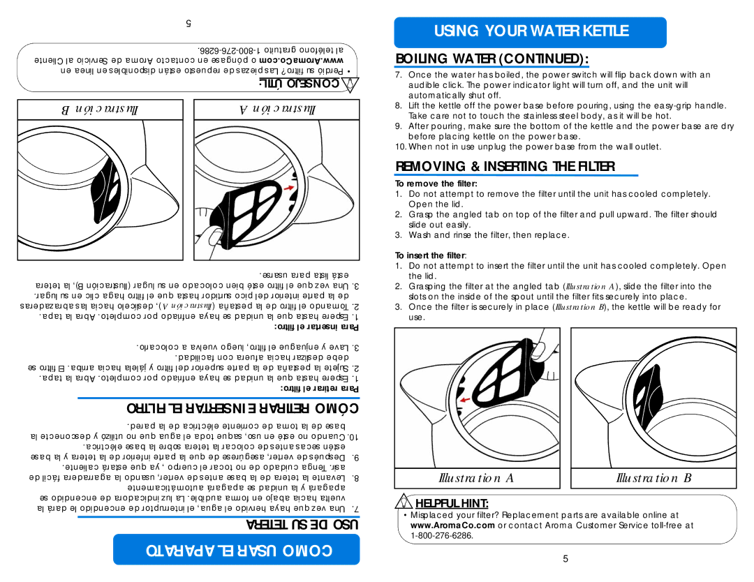 Aroma AWK-270BL instruction manual Ilustración, Removing & Inserting the Filter 