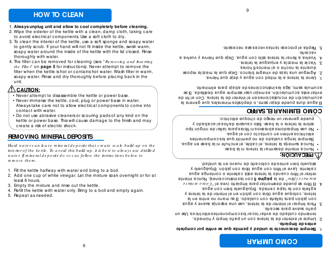 Aroma AWK-270BL instruction manual HOW to Clean, Limpiar Como, Removing Mineral Deposits, Sarro EL Eliminar Cómo 