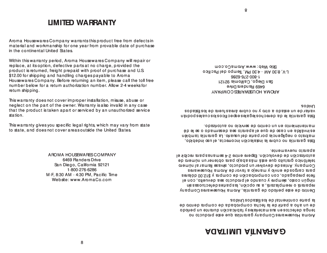 Aroma AWK-270BL instruction manual Limited Warranty, Limitada Garantía 