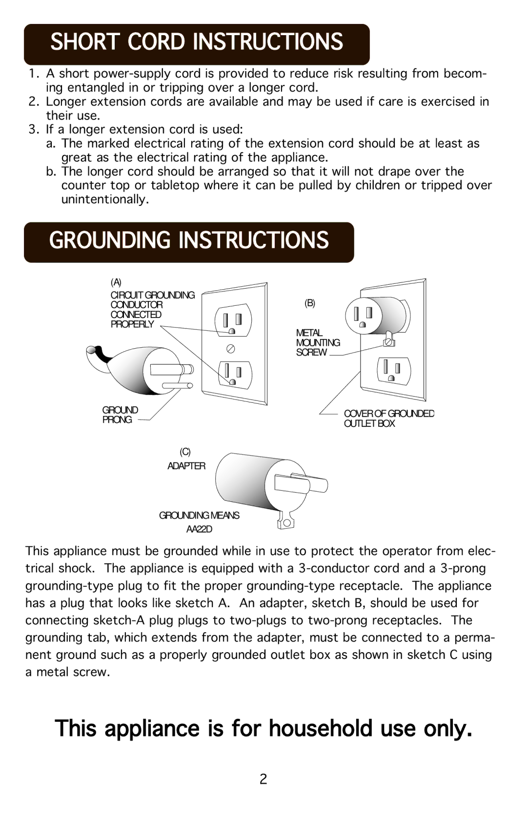 Aroma AWT-1202 instruction manual Shortucorduinstructions, Groundinguinstructions 