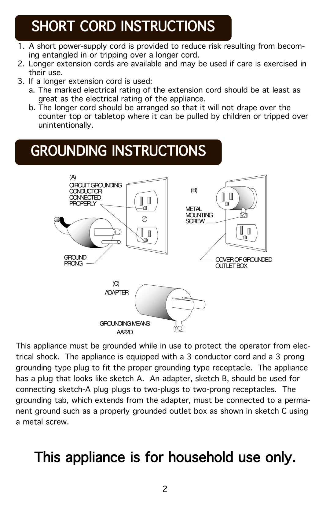 Aroma AWT-1202 instruction manual Shortucorduinstructions, Groundinguinstructions, ThisUapplianceUisUforUhouseholdUuseUonly 