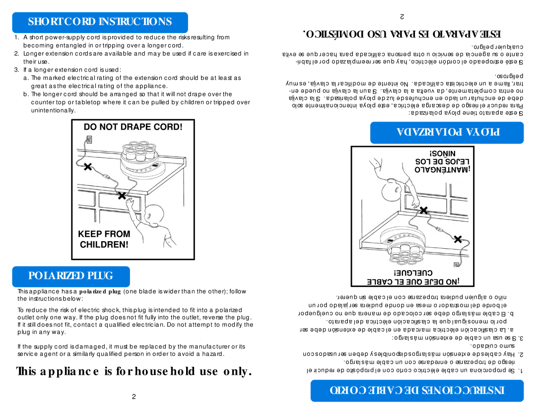 Aroma AYM-606 instruction manual Short Cord Instructions, Polarized Plug, Corto Cable DE Instrucciones 