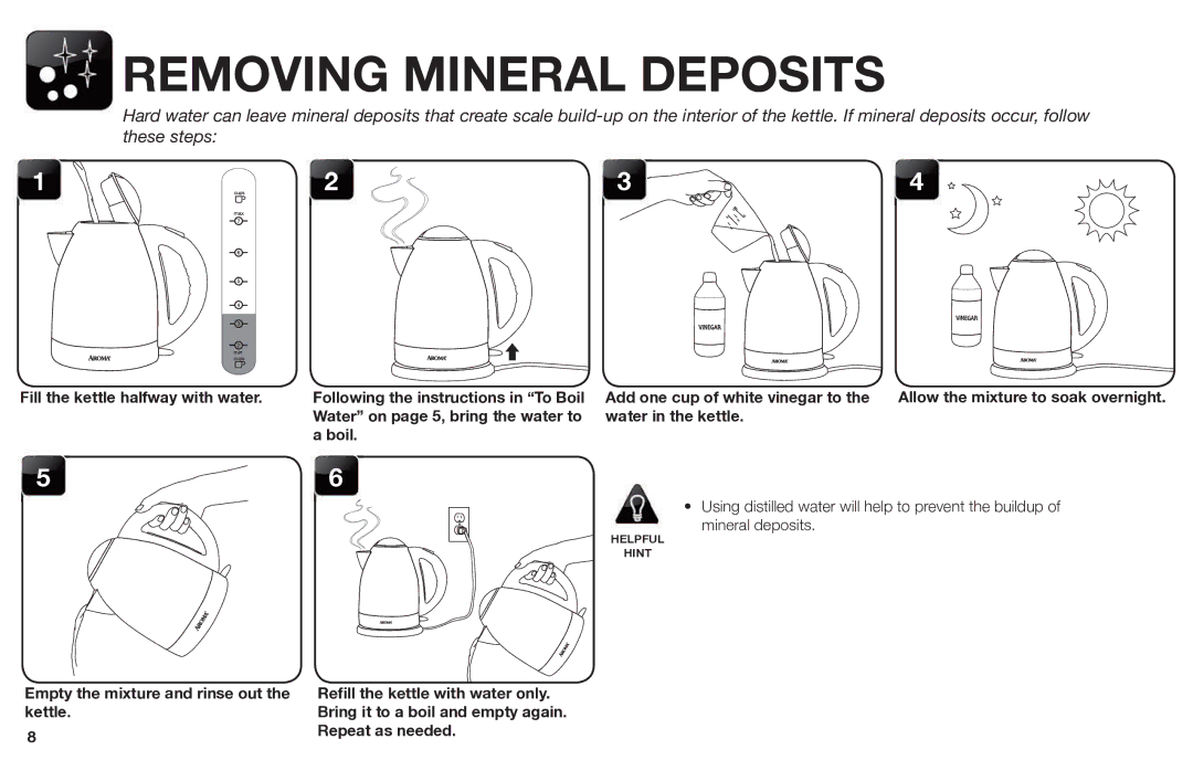 Aroma EWK-125R instruction manual Removing Mineral Deposits 