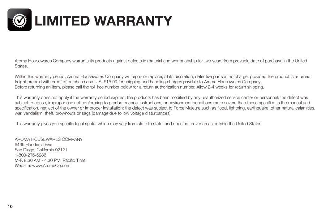 Aroma EWK-125R instruction manual Limited Warranty 