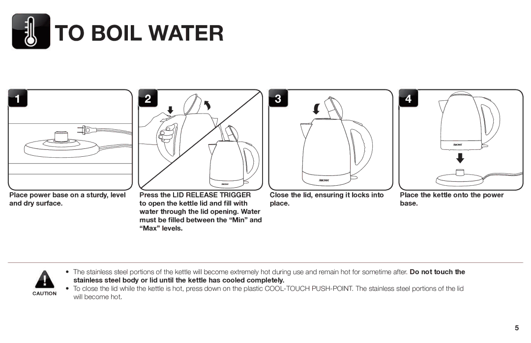 Aroma EWK-125R instruction manual To Boil Water 