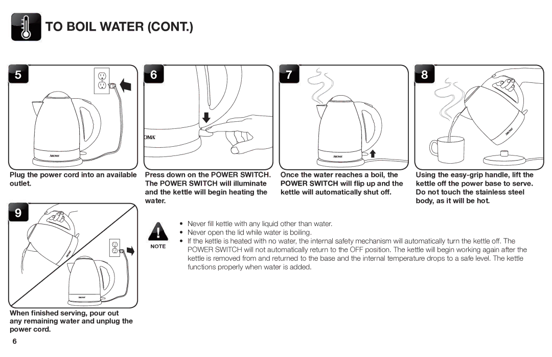 Aroma EWK-125R instruction manual To Boil Water 