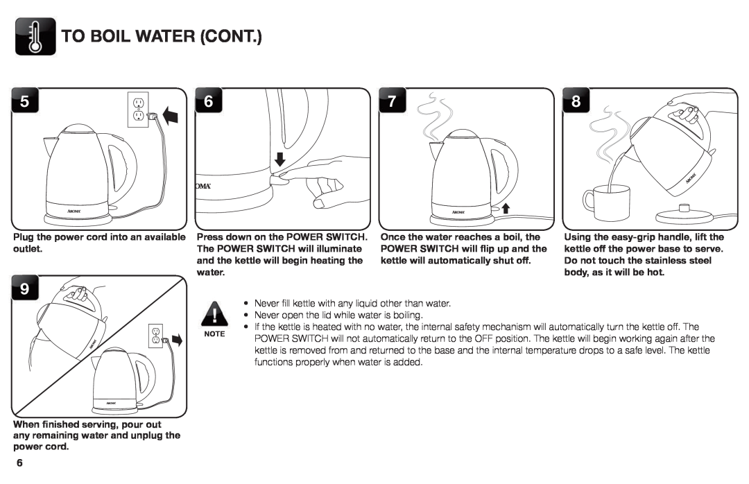 Aroma EWK-125R instruction manual To Boil Water Cont 
