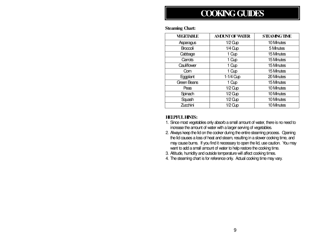 Aroma PRC-550/556 instruction manual Steaming Chart 