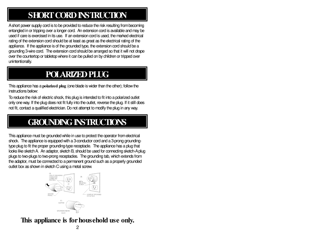 Aroma PRC-550/556 instruction manual Short Cord Instruction, Grounding Instructions 