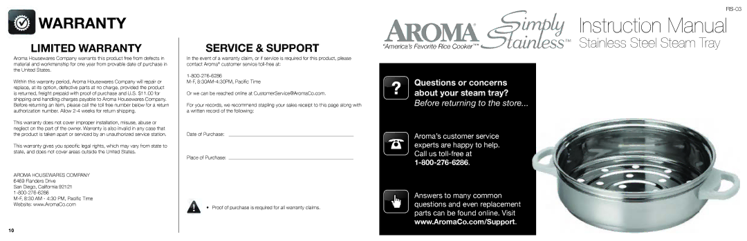 Aroma RS-03 warranty Limited Warranty 