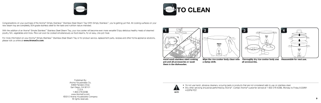 Aroma RS-03 warranty To Clean, Hand wash stainless steel cooking 