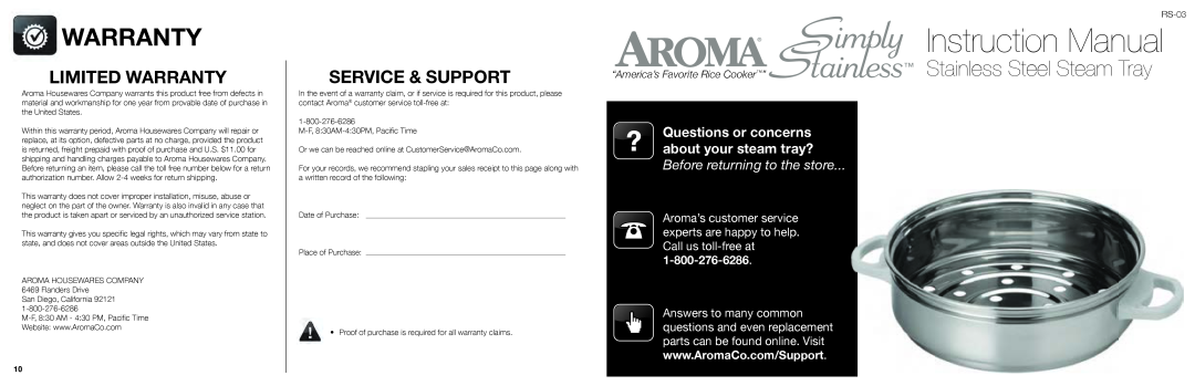 Aroma RS-03 warranty Questions or concerns about your steam tray?, Stainless Steel Steam Tray, Limited Warranty 
